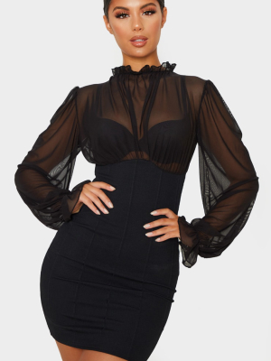 Black Bandage Mesh Bodice High Neck Bodycon Dress