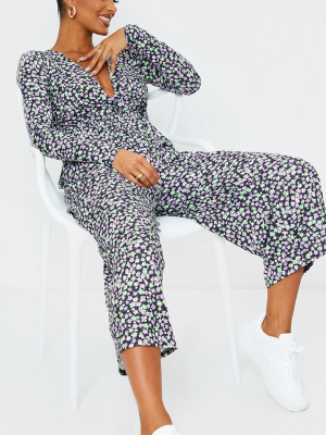 Multi Ditsy Plunge Wide Leg Jumpsuit