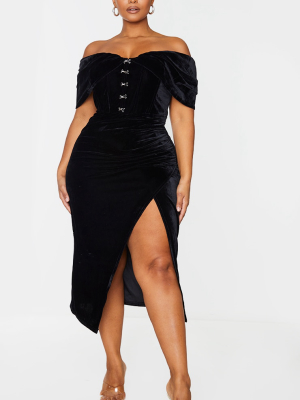 Plus Black Velvet Eyelet Detail Bardot Midi Dress