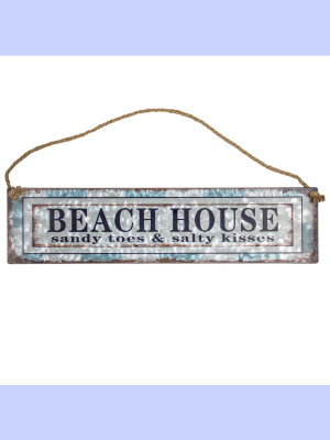 11" X 20" Beach House Galvanized Metal Vintage Hanging Wall Sign With Rope - American Art Decor