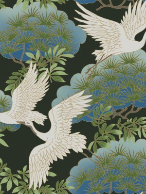 Sample Sprig & Heron Wallpaper In Black From The Tea Garden Collection By Ronald Redding For York Wallcoverings