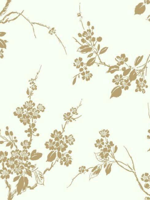 Imperial Blossoms Branch Wallpaper In Gold And White From The Silhouettes Collection By York Wallcoverings