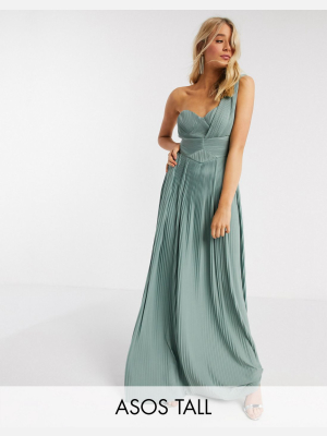 Asos Design Tall Premium One Shoulder Pleated Panel Maxi Dress In Spearmint