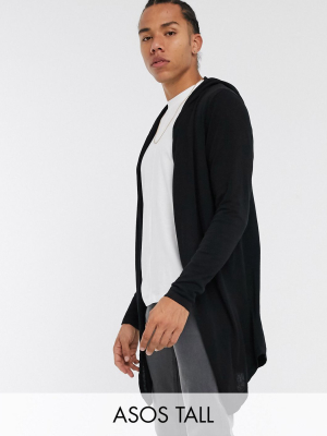 Asos Design Tall Hooded Open Front Cardigan With Curved Hem In Black