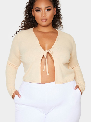 Plus Sand Rib Tie Front Long Sleeve Crop Top