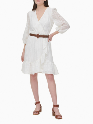 Lace V-neck 3/4 Sleeve Belted Ruffle Dress