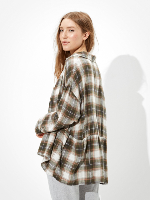 Ae Plaid Flannel Babydoll Button Up Shirt