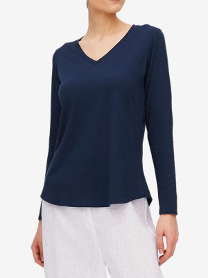 Long Sleeve V Neck T-shirt Denim Blue Stretch Jersey