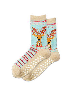 Women's Fuzzy Reindeer Non Skid Crew Socks