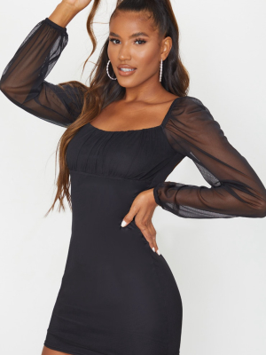 Black Mesh Ruched Bust Long Sleeve Bodycon Dress