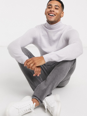 Asos Design Muscle Fit Merino Wool Roll Neck Sweater In Ice Gray