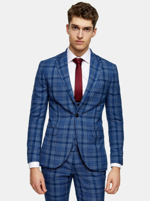 3 Piece Blue Check Skinny Fit Suit With Peak Lapels