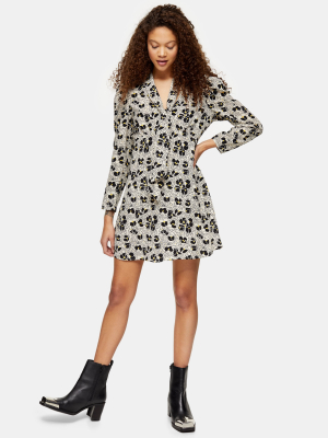 Petite Ivory Print Tie Neck Mini Dress