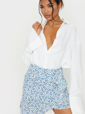 Blue Floral Tie Detail Frill Edge Wrap Mini Skirt