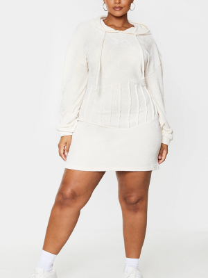 Plus Cream Rib Velour Seam Detail Hoodie Dress