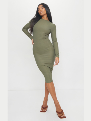 Khaki Basic Ribbed Long Sleeve Midi Dress