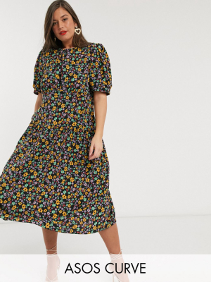 Asos Design Curve Midi Tea Dress With Dropped Waist In Floral Print