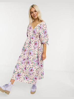 Asos Design Cotton Poplin Smock Wrap Midi Dress In Bright Floral Print