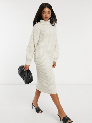 Asos Design Midi Rib Dress With Cowl Neck In Oatmeal