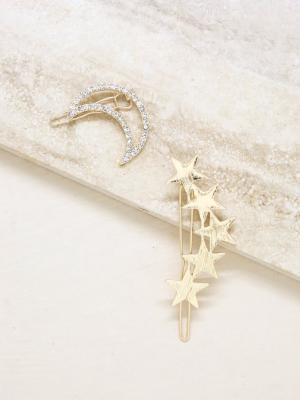 Stars And Moon Set Of 2 Hair Barrettes In Gold