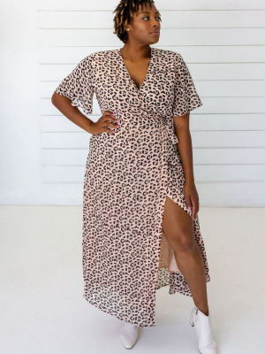 Leopard Maxi Wrap Dress - Blush + Black