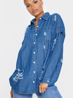 Mid Wash Oversized Distressed Denim Shirt