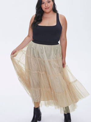 Plus Size Ruffle Mesh Maxi Skirt