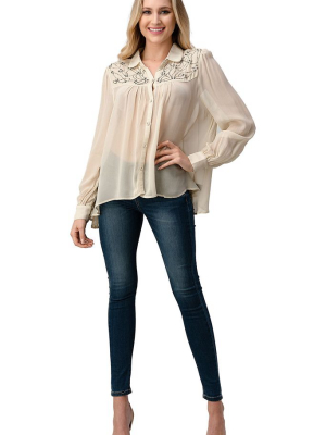 Kaii Beaded Jewel Trim Button Front High-low Hem Shirt With Long Sleeves Blouse Top