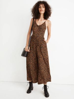 Shirred Wide-leg Cami Jumpsuit In Painted Leopard
