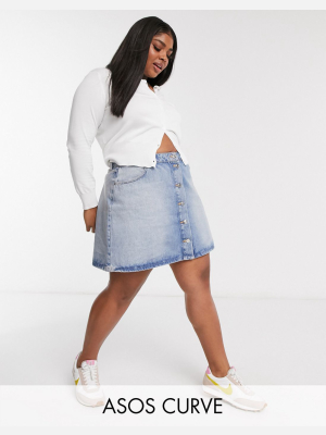 Asos Design Curve Denim Button-through Skirt In Light Wash