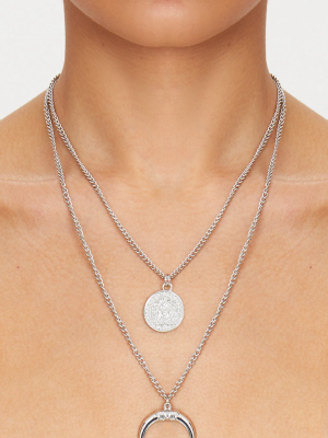 Silver Coin Bull Horn Layered Necklace