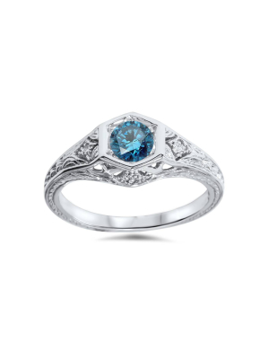 Pompeii3 3/8ct Vintage Blue Diamond Engagement Ring 14k White Gold