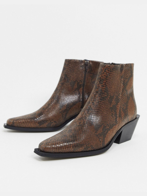 Asos Design Cuban Heel Western Chelsea Boot In Brown Snake Leather With Angular Sole