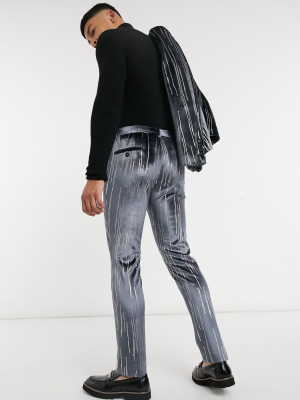 Twisted Tailor Suit Pants In Gray Velvet With Silver Detail