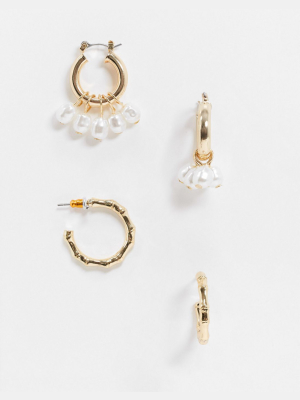 Asos Design Pack Of 2 Hoop Earrings With Wrapped Pearls And Bamboo Design In Gold Tone