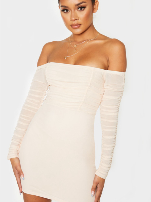 Blush Ruched Mesh Bardot Bodycon Dress