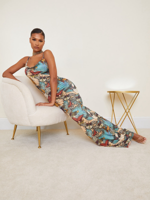 Multi Butterfly Print Cowl Neck Strappy Maxi Dress