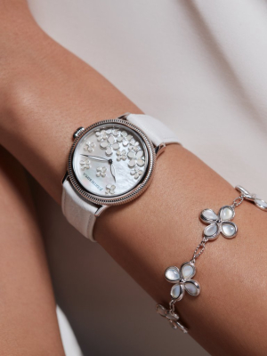 Jardin Watch With Mother Of Pearl, Diamonds And White Leather Strap