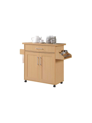 Hodedah Wheeled Kitchen Dining Room Island Cart With Large Spice Rack And Towel Holder, Beech