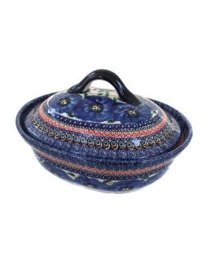 Blue Rose Polish Pottery Blue Art Small Oval Baker With Lid