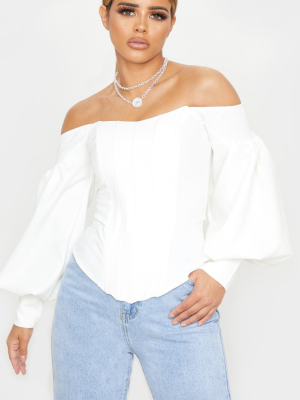 Petite White Bardot Balloon Sleeve Corset Top