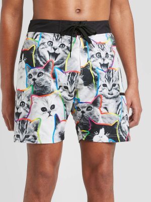 Men's 8" Neon Cats Swim Trunks - White