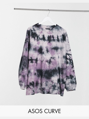 Asos Design Curve Oversized Longsleeve T-shirt In Bleached Pink Tie Dye