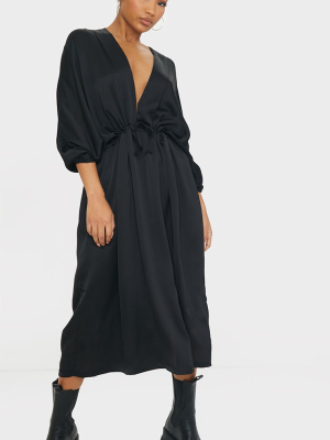 Black Tie Waist Detail Batwing Sleeve Midi Dress