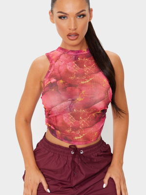 Pink Marble Printed Sheer Mesh Ruched Racer...