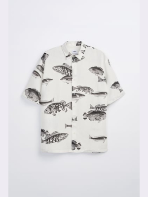 Linen-cotton Fish Print Shirt