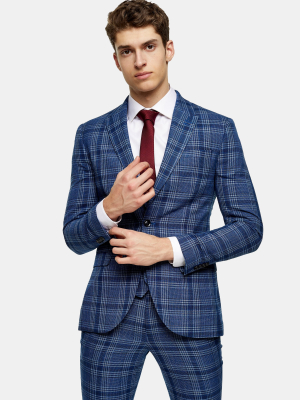 Blue Check Skinny Fit Single Breasted Suit Blazer With Peak Lapels