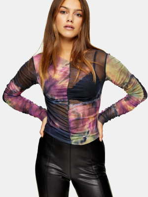 Petite Tie Dye Ruched Mesh Top