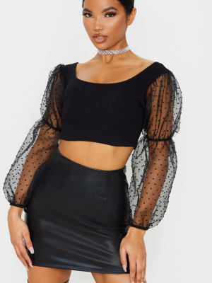 Black Rib Puff Sleeve Organza Crop Top