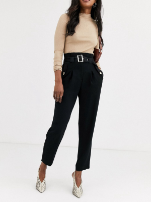 River Island Belted Peg Pants In Black